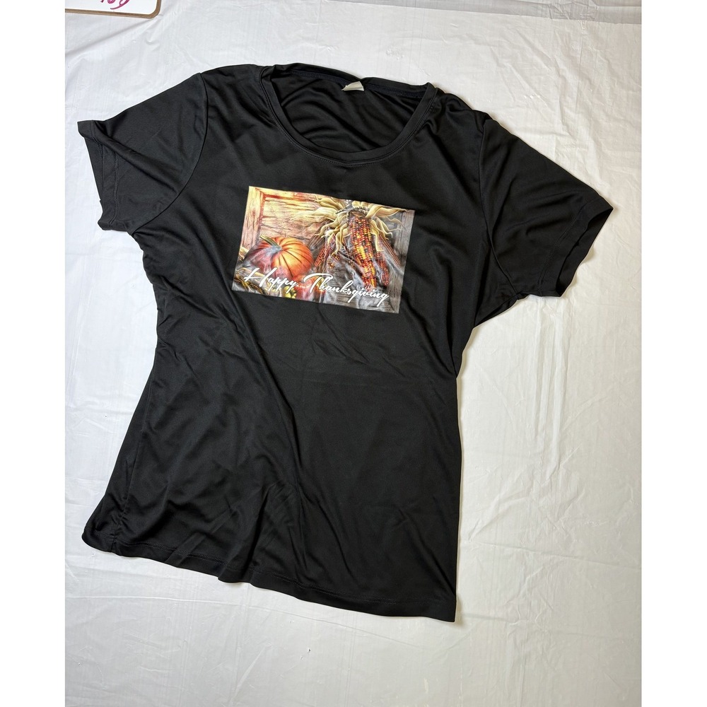 Womens Sport-Tek‎ Black active shirt, Happy Thanksgiving, size Extra Large (XL)